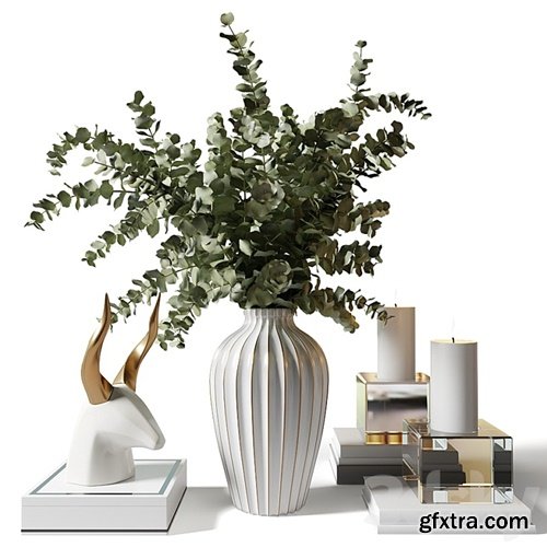 Bouquet with eucalyptus in an elegant white vase with stripes