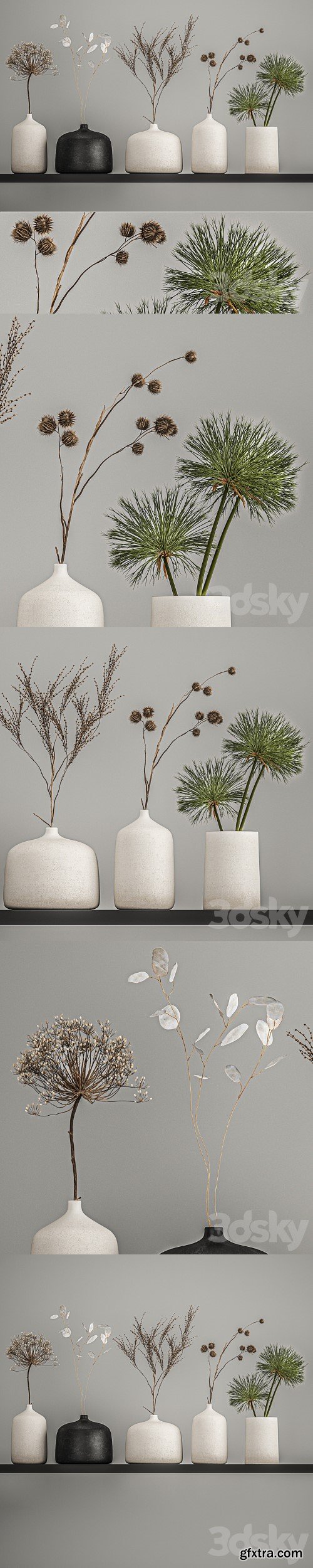 A set of bouquets of dried flowers in vases on the shelf with branches, thorns, lunnik, hogweed. 210