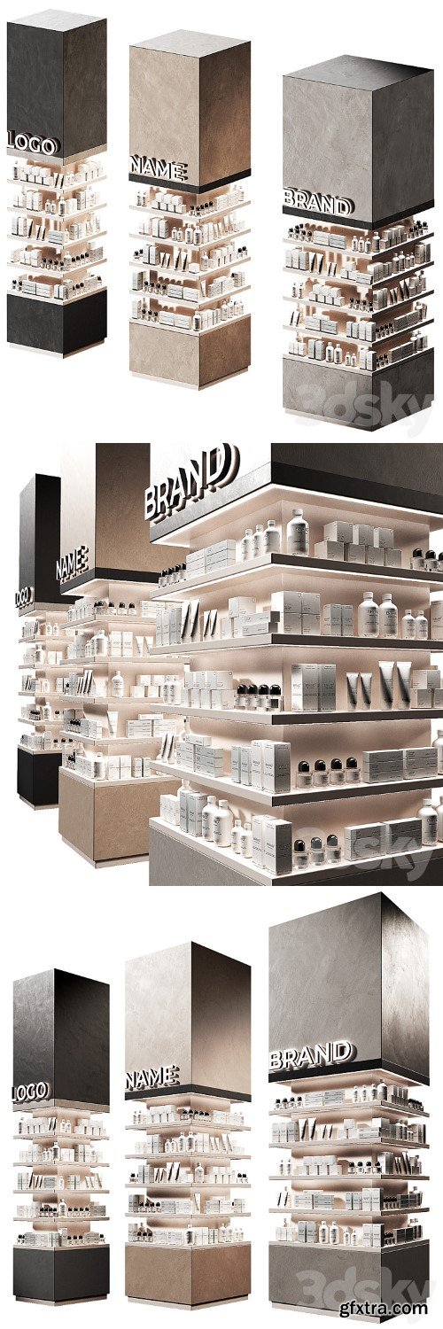 Columns of racks with trade products. Square showcase with cosmetics. Island of Pharmaceutical Products.