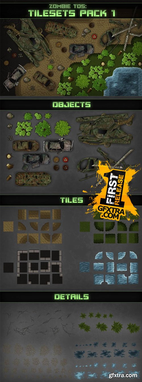 CraftPix - Zombie TDS Tilesets: soil, stones, plants, water, destroyed cars