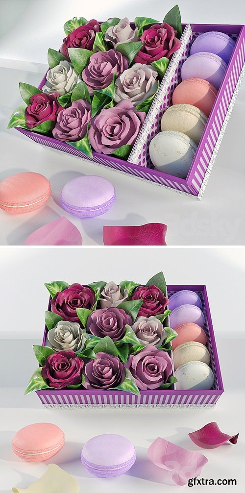 Box with roses and makarons