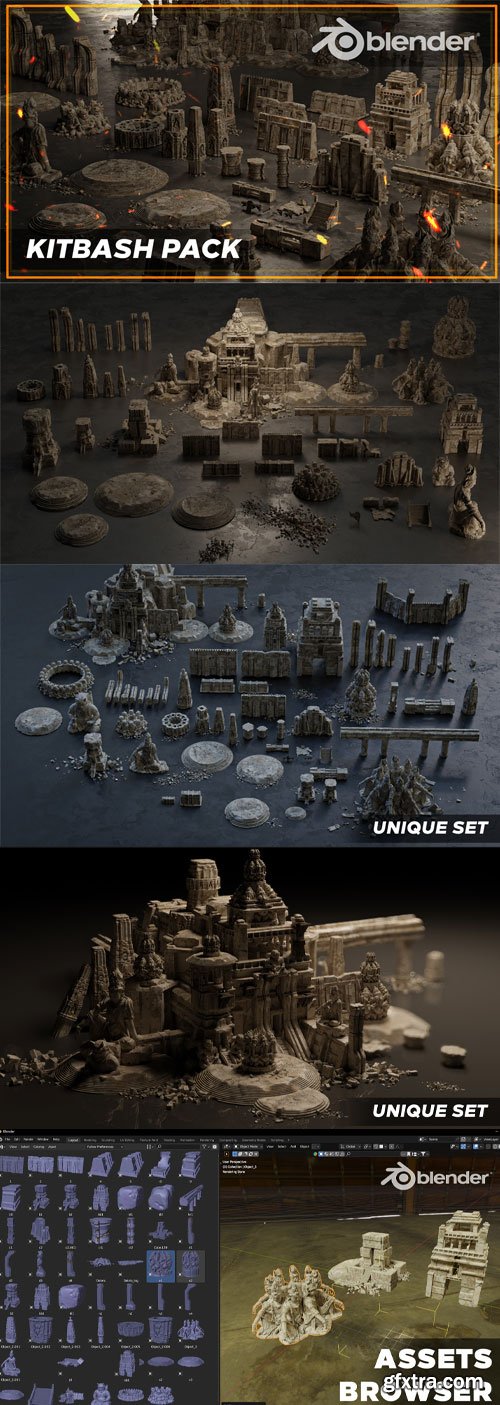 3D Export - Ancient Temple 30 Old ruins of the temple 3D Kitbash Asset Pack Low-poly 3D Model