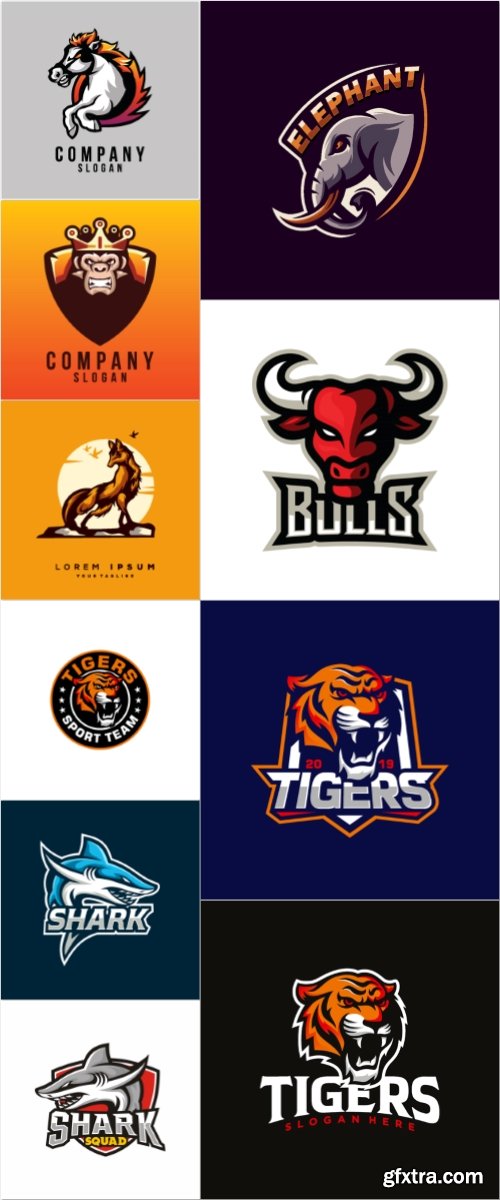 Logos vector set, fox, gorilla, wolf, bull, tiger, horse