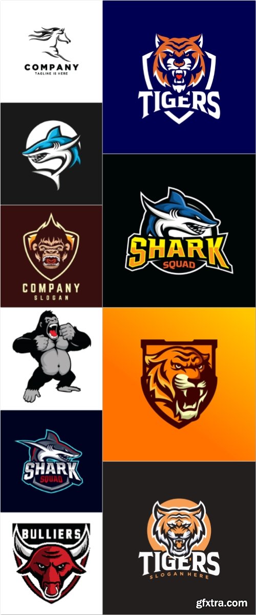 Logos vector set, gorilla, bull, tiger, horse, shark