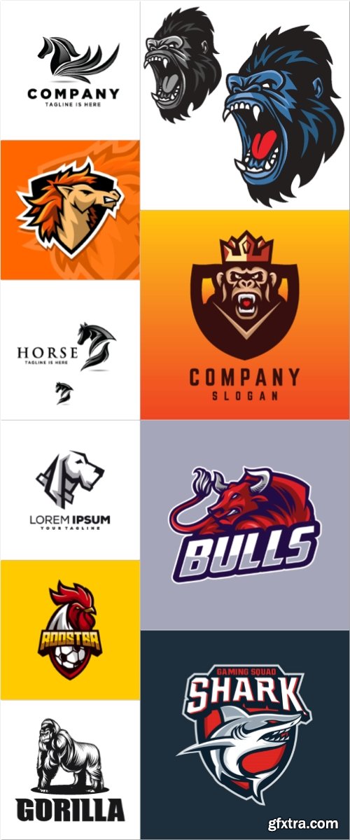 Logos vector set, gorilla, shark, bull, dog, horse