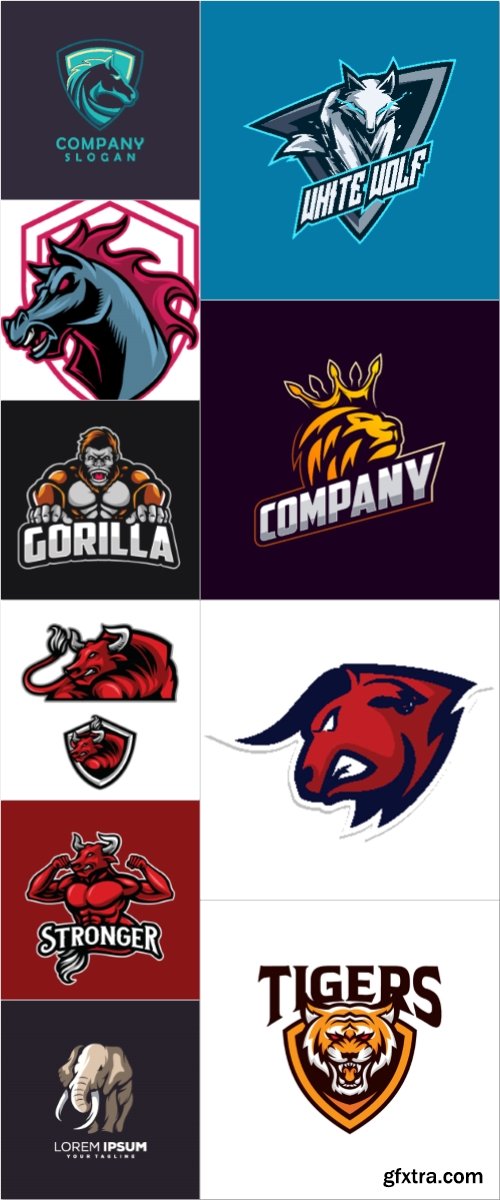 Logos vector set, gorilla, wolf, bull, tiger, horse