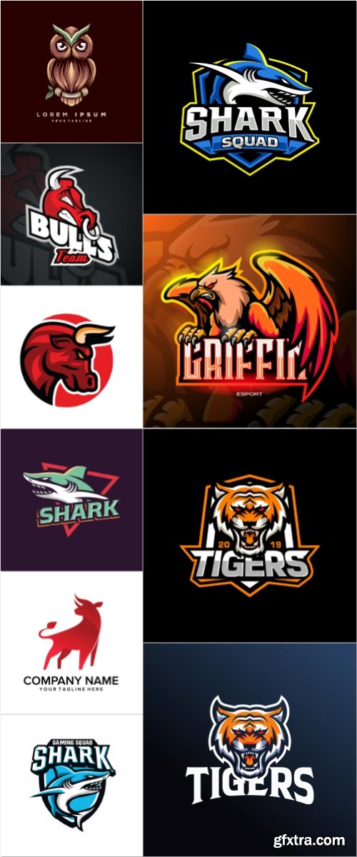 Logos vector set, tiger, shark, bull, owl