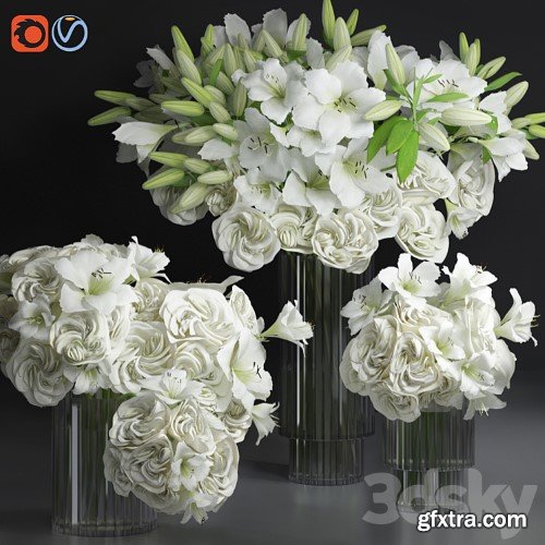 3dsky Pro - White Lily Tuberose Peony Camelia Bouquet Decorative Glass Vases Set