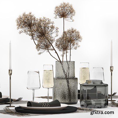 3dsky Pro - Table service 24. Dried flower, bouquet, hogweed, branches, cutlery, glass, sparkling wine, luxury decor, eco design, vase