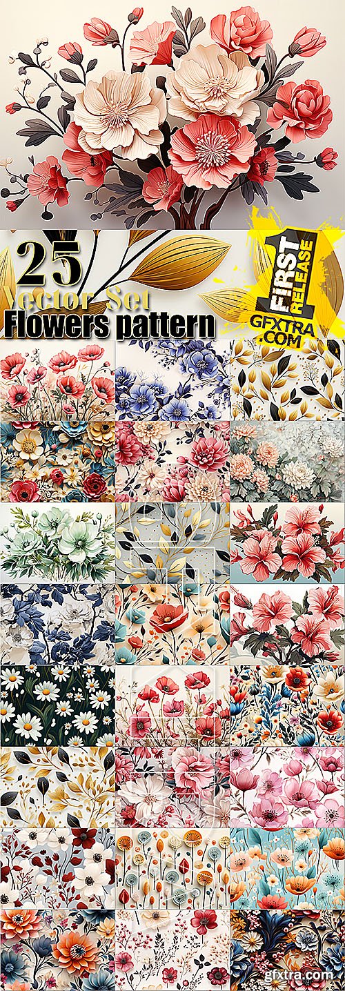 Painting flowers pattern vector 25 set Painting flowers pattern vector 25 set
