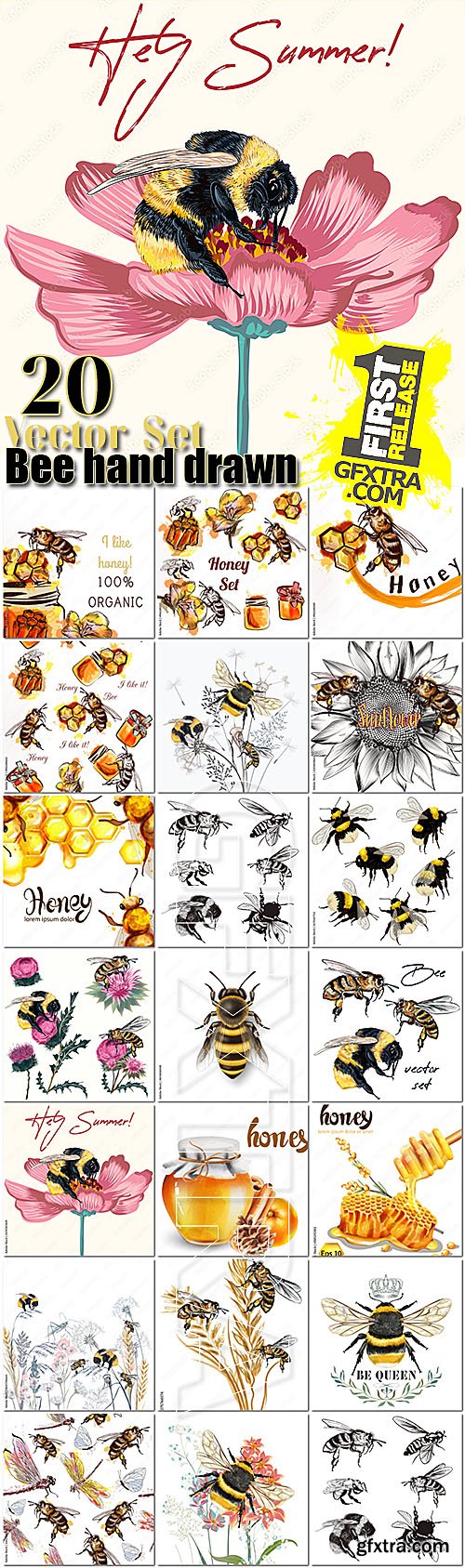 Bee collection of 20 vector hand drawn detailed for design Bee collection of 20 vector hand drawn detailed for design