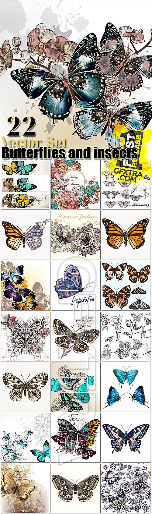 Butterflies and insects collection of 22 vector hand drawn detailed for design Butterflies and insects collection of 22 vector hand drawn detailed for design