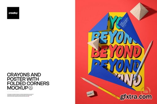 Creatsy - Crayons and Poster with Folded Corners Mockup - 2144983381