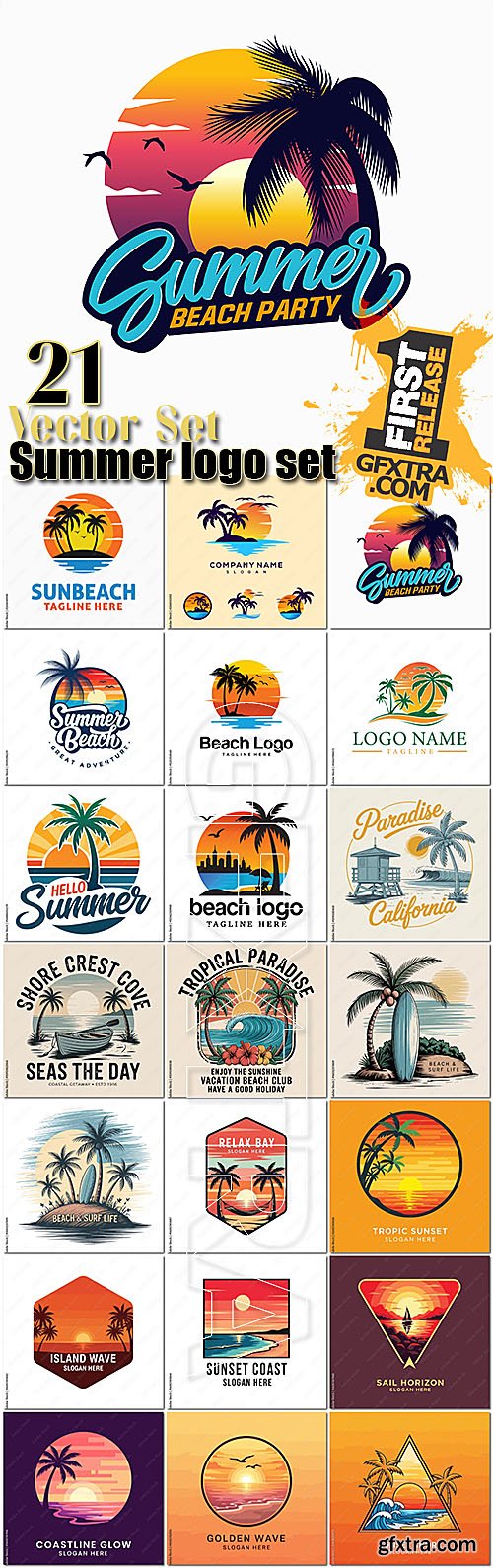 Tropical beach, summer vacation 21 vector logo set Tropical beach, summer vacation 21 vector logo set