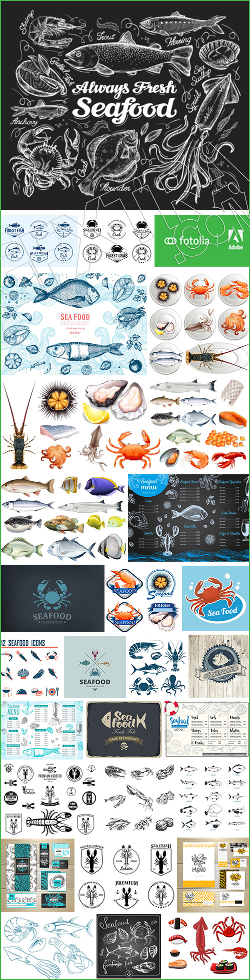 Seafood Design Elements, Icons, Labels, Menus & Logos 30xEPS Seafood Design Elements, Icons, Labels, Menus & Logos 30xEPS