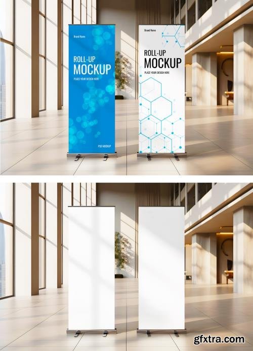 Two Roll Up Banner Mockups in Modern Lobby 1705372355 Two Roll Up Banner Mockups in Modern Lobby 1705372355