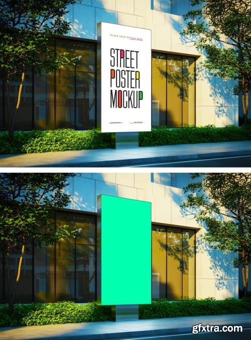Street poster mockup on vertical billboard by modern building with greenery 1703229827 Street poster mockup on vertical billboard by modern building with greenery 1703229827