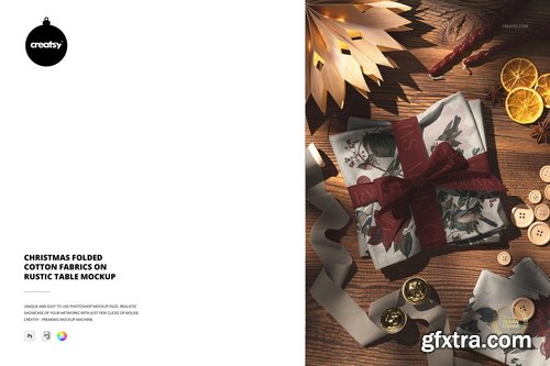 Creatsy - Christmas Folded Cotton Fabrics on Rustic Table Mockup - 1081678165