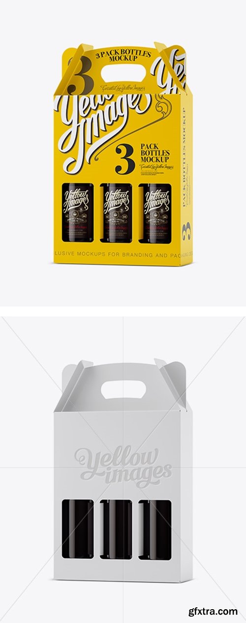 YellowImages - White Paper 3 Pack Amber Bottle Carrier Mockup - Halfside View 12808