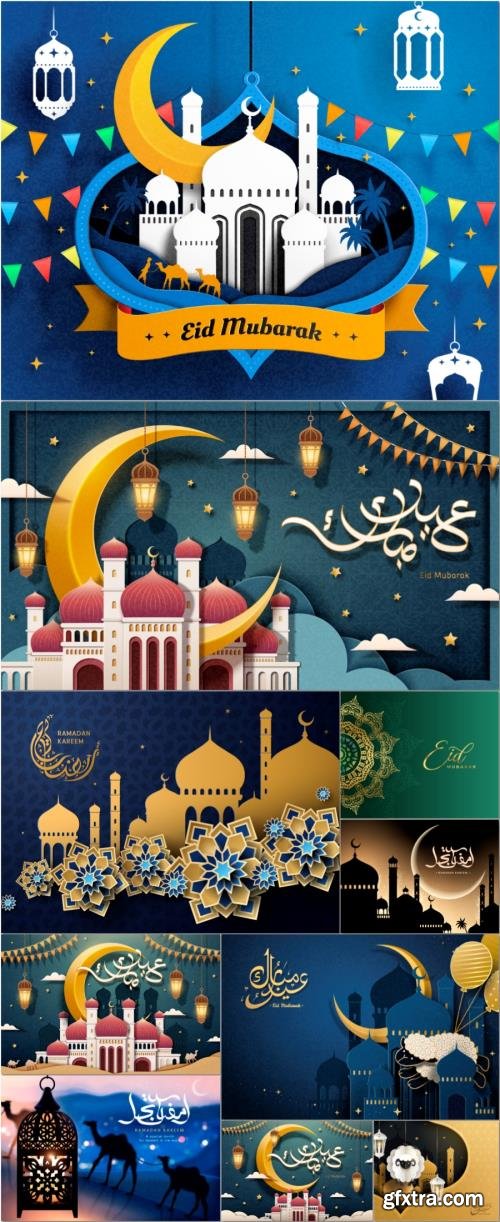 Ramadan, Eid mubarak vector poster design with arabic calligraphy Ramadan, Eid mubarak vector poster design with arabic calligraphy