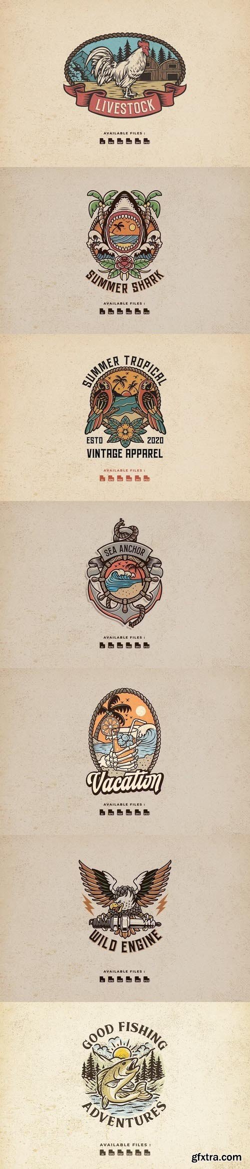 Beautiful hand drawn logo set, fishing, summer, vacation Beautiful hand drawn logo set, fishing, summer, vacation