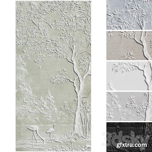 3dsky Pro - Botanical bas-relief plaster wall decorative panel flamingo forest lake tree nature