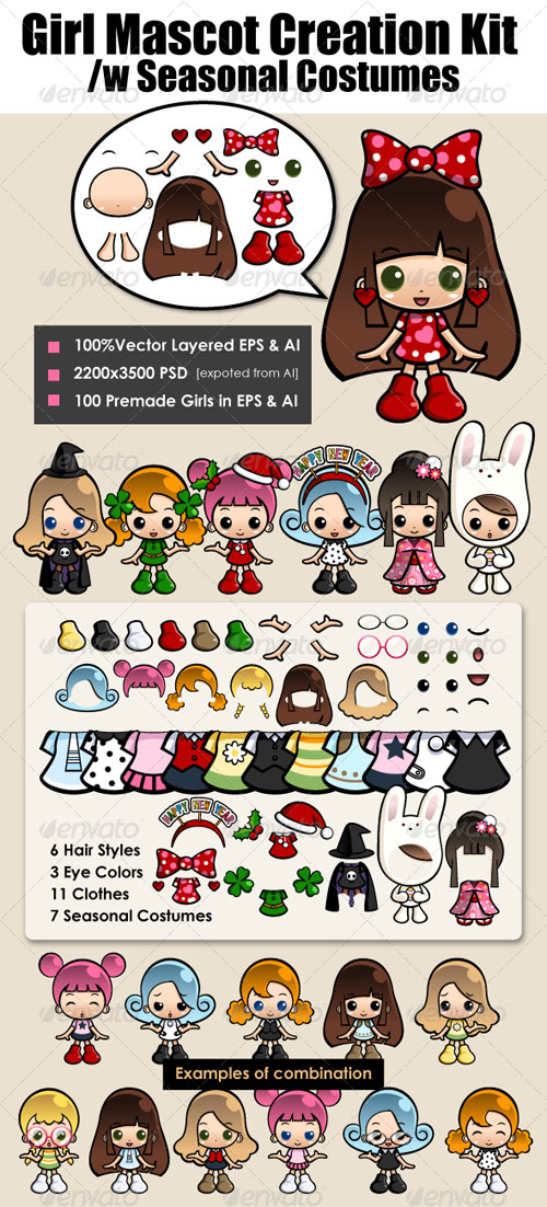 GraphicRiver - Girl Mascot Kit with Seasonal Costume 577071