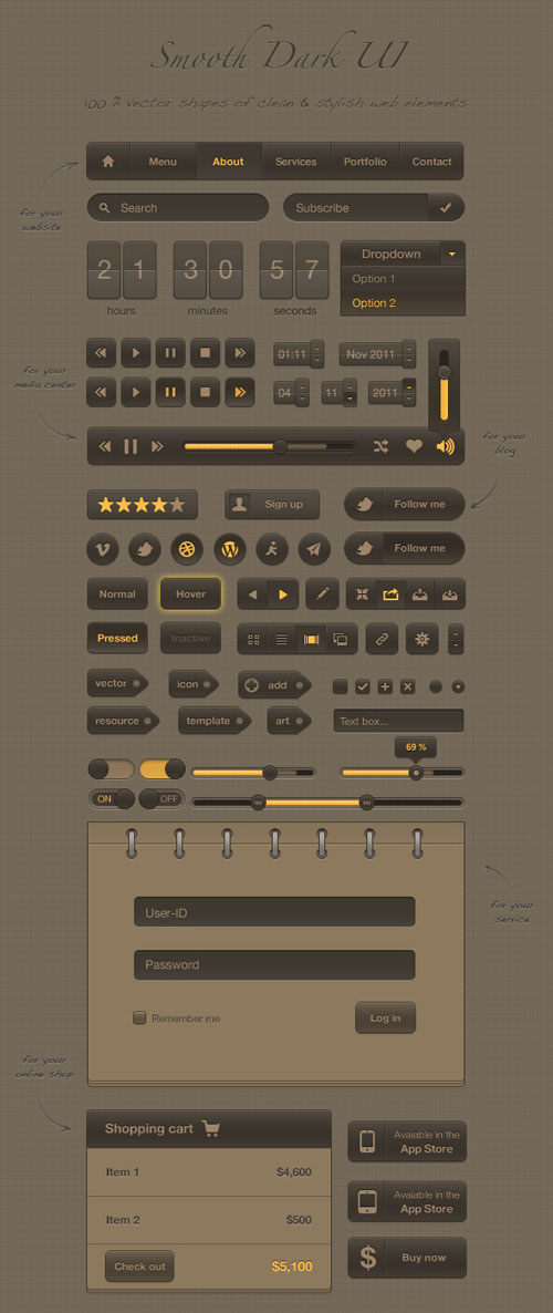 Smooth Dark UI Kit PSD Web Elements