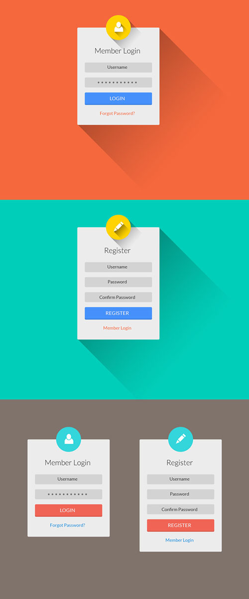 Flat Long Shadow Login & Register UI PSD Template