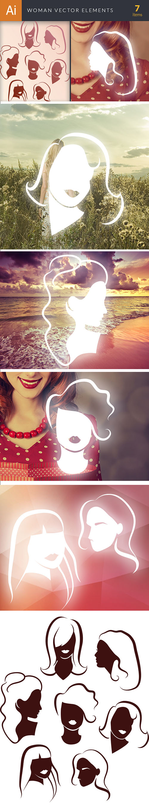 Simple Woman Face Vector Elements Set 1